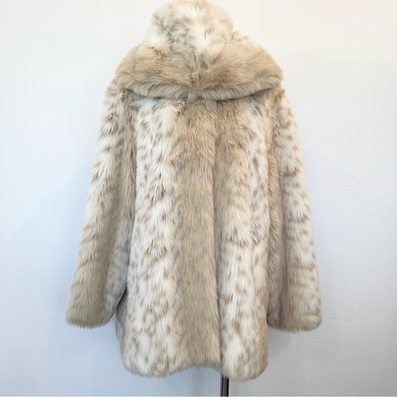 Vintage Snow Leopard Arctic Lynx Faux Fur Winter White Cream Hood Teddy Coat XL - Picture 11 of 11